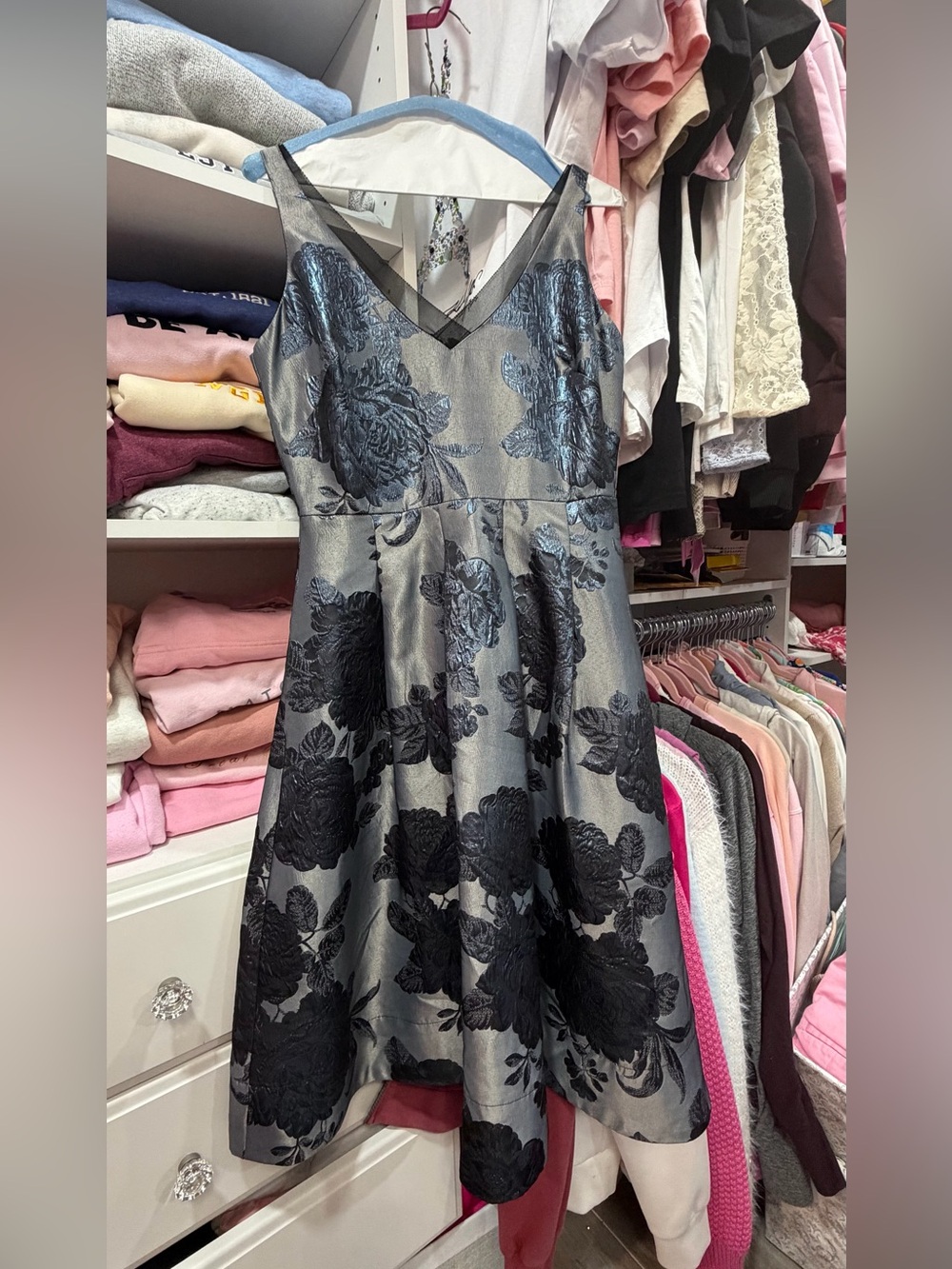 White House Black Market Black and Silver Floral V-Neck A-Line Dress, size 4